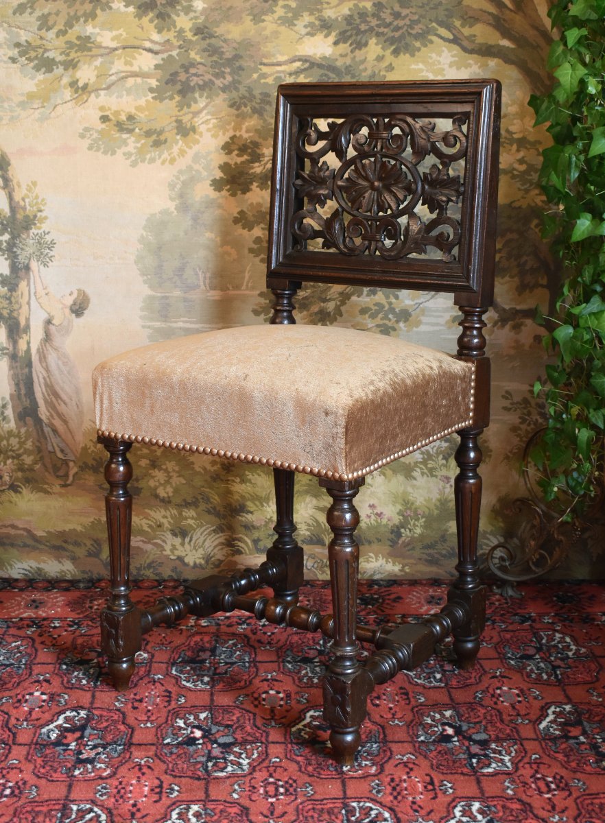 Renaissance-style Chair With Openwork Backrest—henri Ii, Late 19th Century, Velvet-upholstered Seat.-photo-2