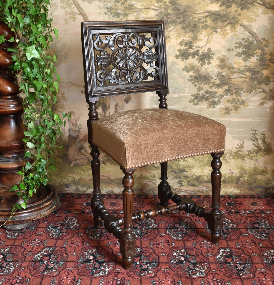 Renaissance-style Chair With Openwork Backrest—henri Ii, Late 19th Century, Velvet-upholstered Seat.