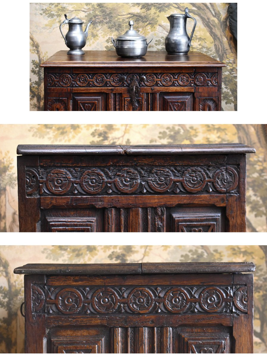 Petit coffre XIXe en chêne  sculpté avec éléments du XVIIe , style Renaissance, poignées fer-photo-2