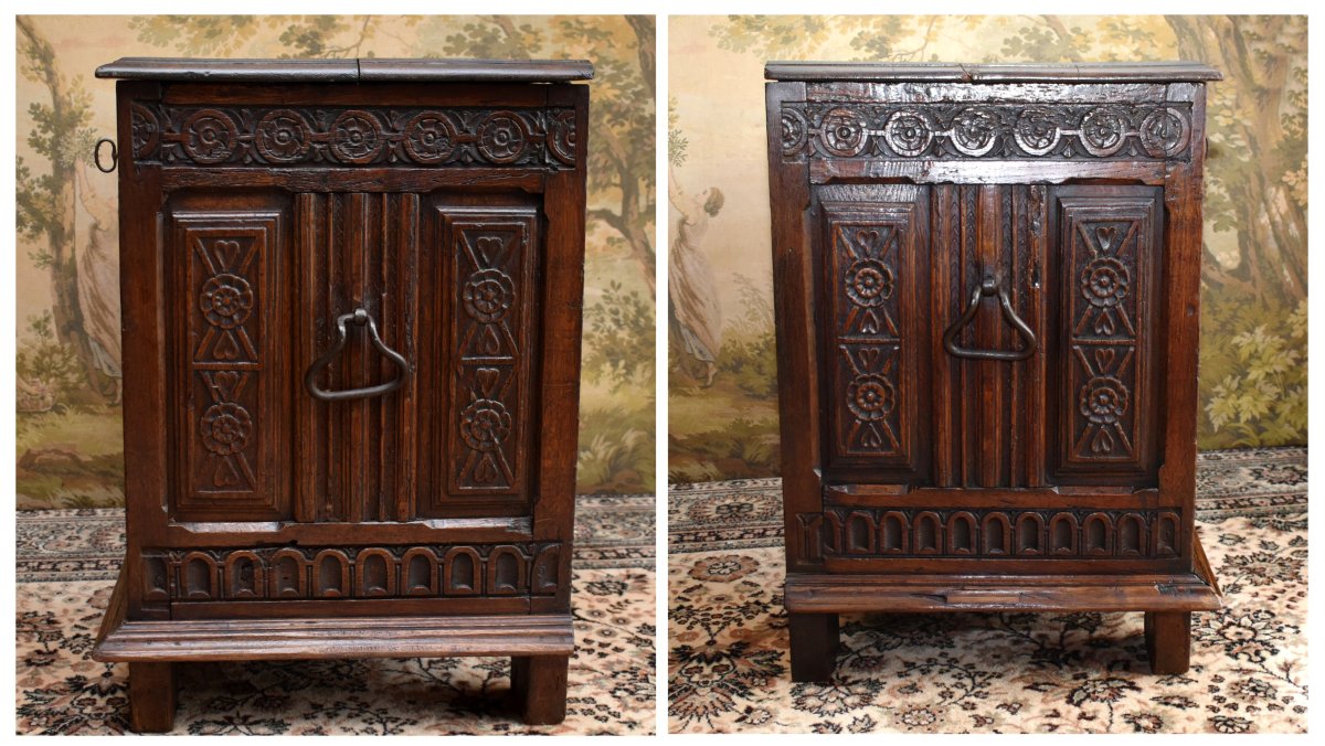 Petit coffre XIXe en chêne  sculpté avec éléments du XVIIe , style Renaissance, poignées fer-photo-3