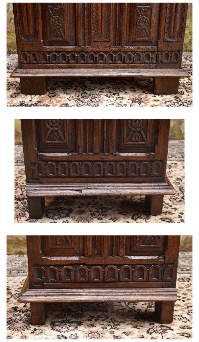 Petit coffre XIXe en chêne  sculpté avec éléments du XVIIe , style Renaissance, poignées fer-photo-4
