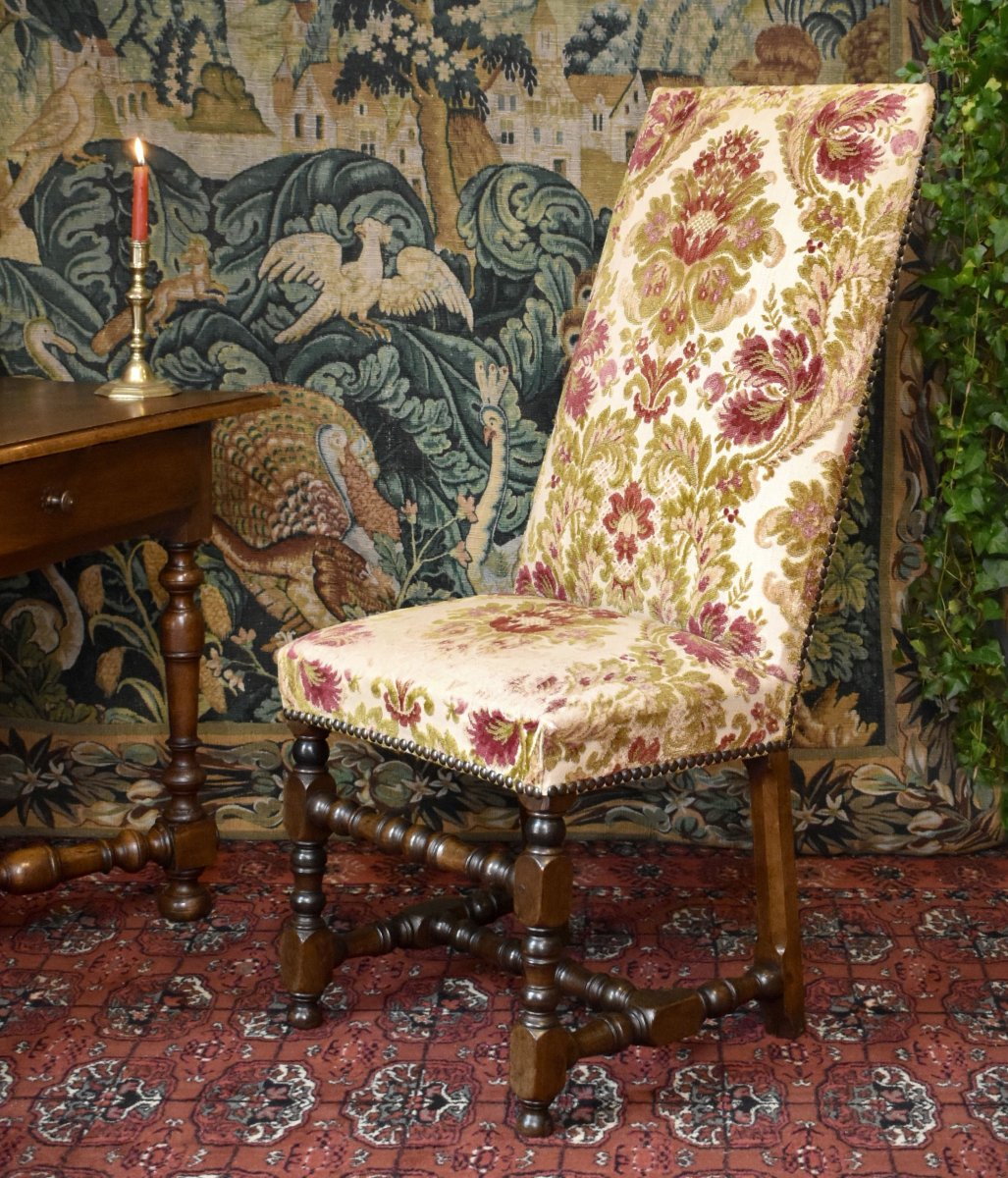  Chaise Louis XIII - Louis XIV En Noyer , Dossier Haut  et forte inclinaison, XVIIe 