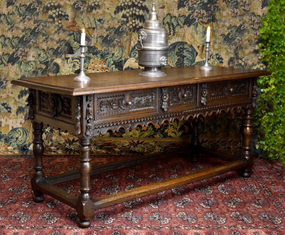 17th-century Dining Table Made Of Solid Oak, Renaissance Style, With A Console Design