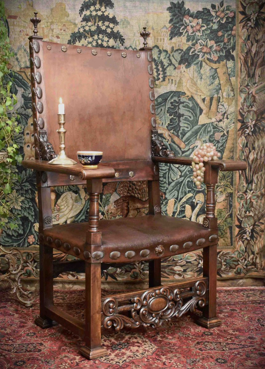  Renaissance Louis XIII-style Ceremonial Armchair, Throne With Leather Seat And Backrest, 19th Century,   -photo-2