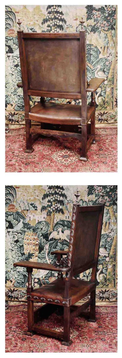  Renaissance Louis XIII-style Ceremonial Armchair, Throne With Leather Seat And Backrest, 19th Century,   -photo-1