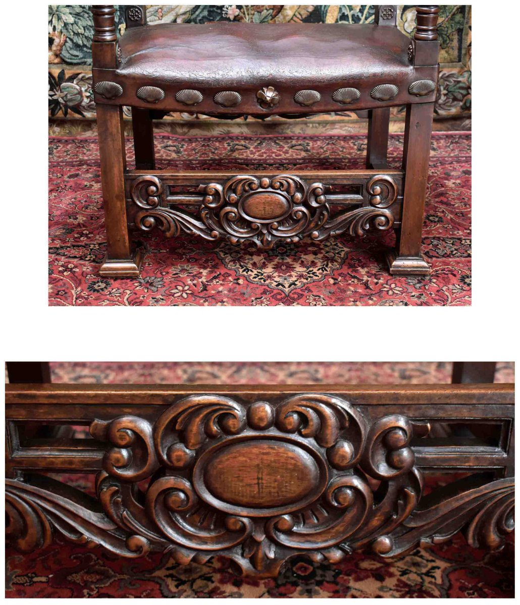 Renaissance Louis XIII-style Ceremonial Armchair, Throne With Leather Seat And Backrest, 19th Century,   -photo-2