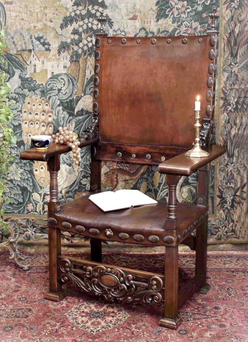  Renaissance Louis XIII-style Ceremonial Armchair, Throne With Leather Seat And Backrest, 19th Century,   
