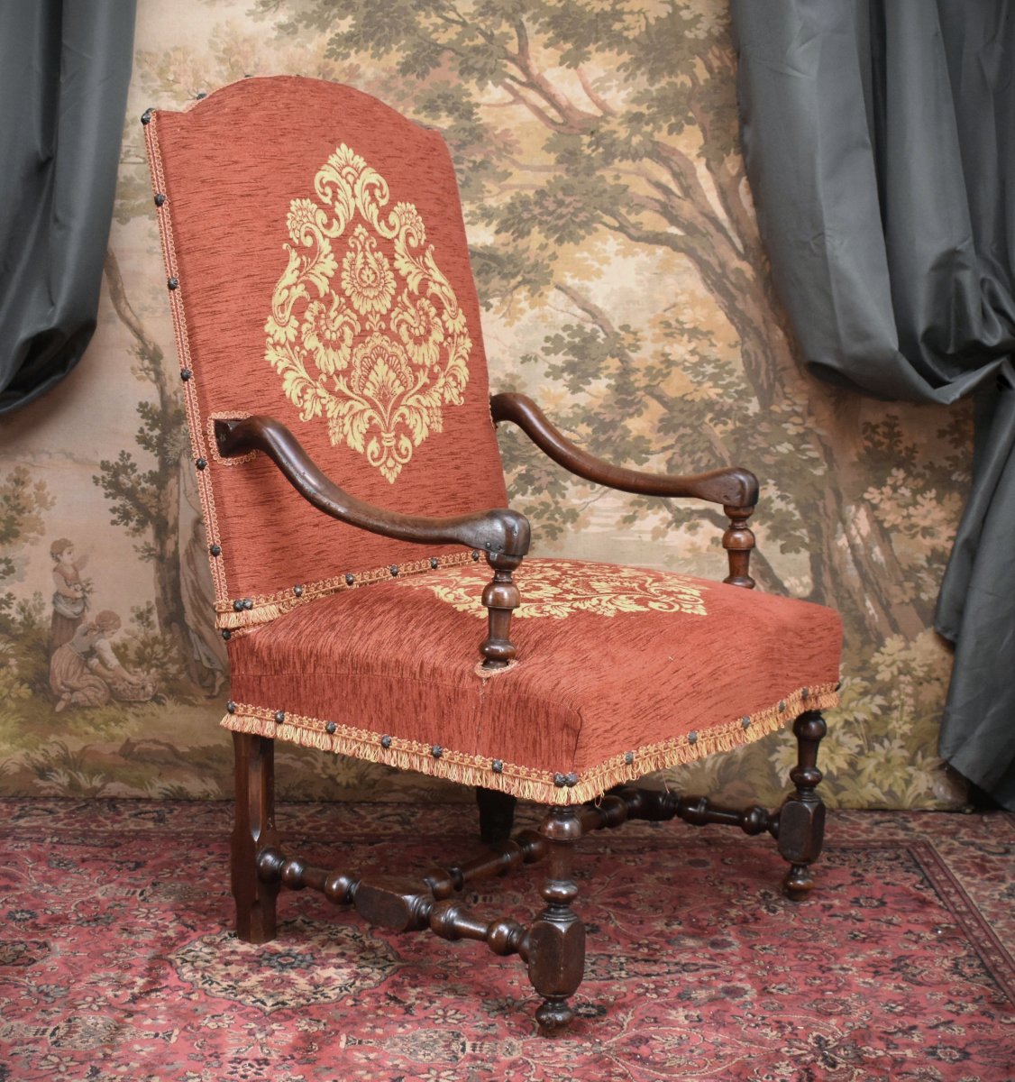Large Louis XIII–louis XIV Armchair With A High, Flat Backrest And Baluster Legs, Early 18th Century-photo-2