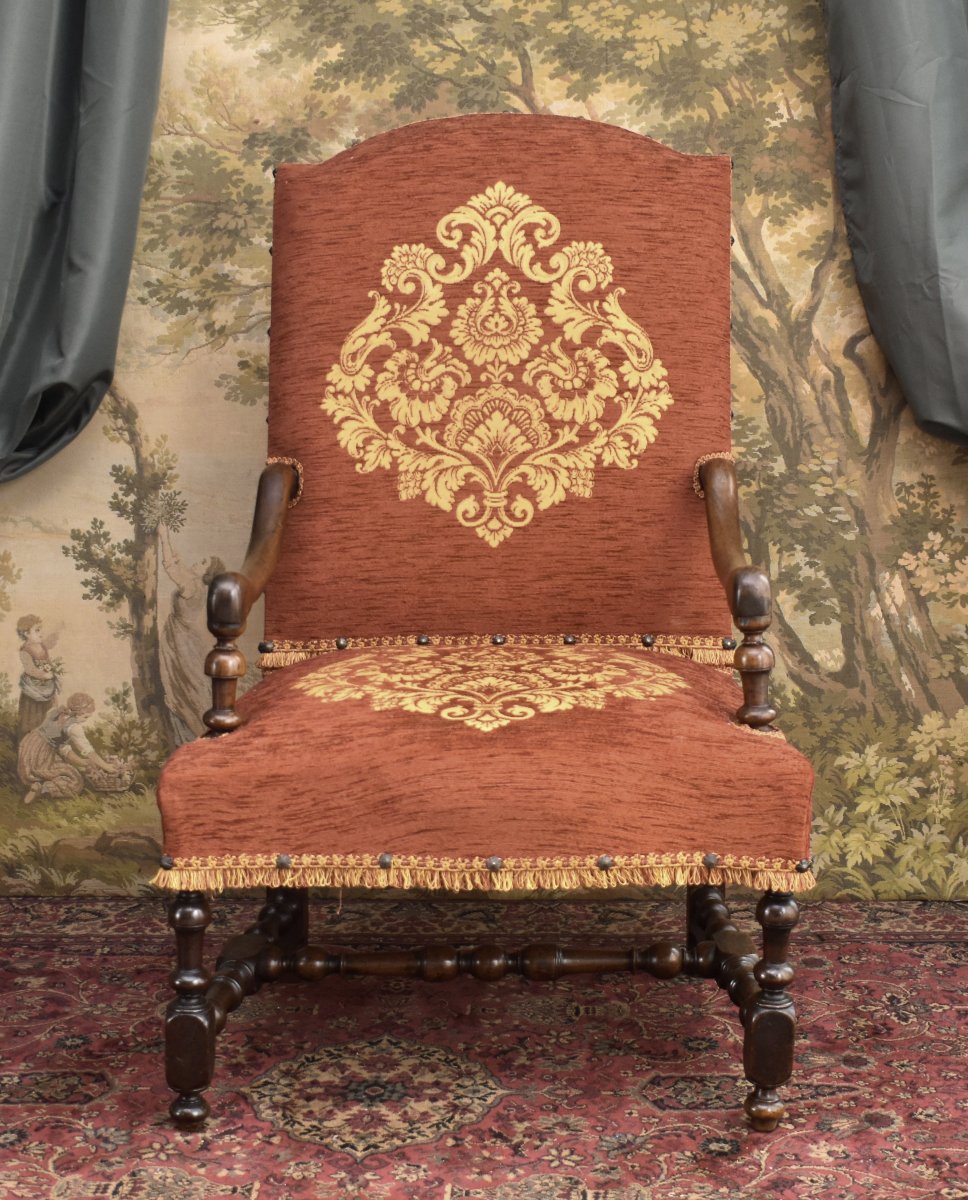Large Louis XIII–louis XIV Armchair With A High, Flat Backrest And Baluster Legs, Early 18th Century-photo-3