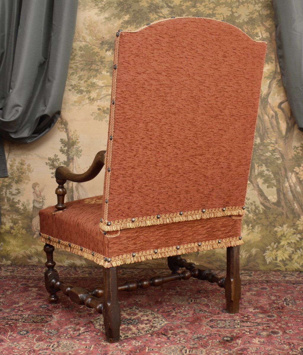 Large Louis XIII–louis XIV Armchair With A High, Flat Backrest And Baluster Legs, Early 18th Century-photo-2
