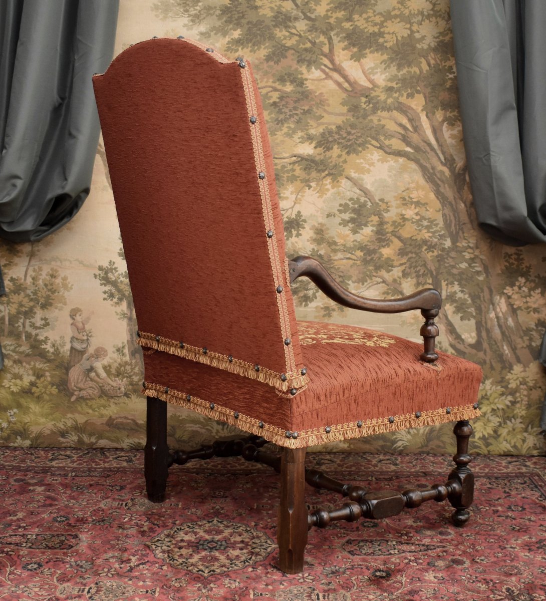 Large Louis XIII–louis XIV Armchair With A High, Flat Backrest And Baluster Legs, Early 18th Century-photo-3