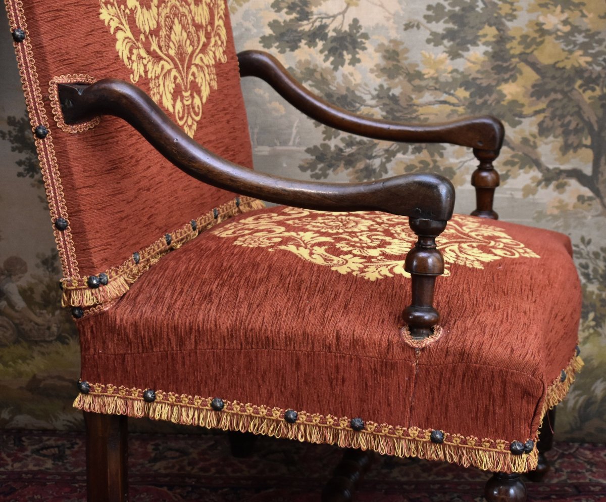 Large Louis XIII–louis XIV Armchair With A High, Flat Backrest And Baluster Legs, Early 18th Century-photo-4