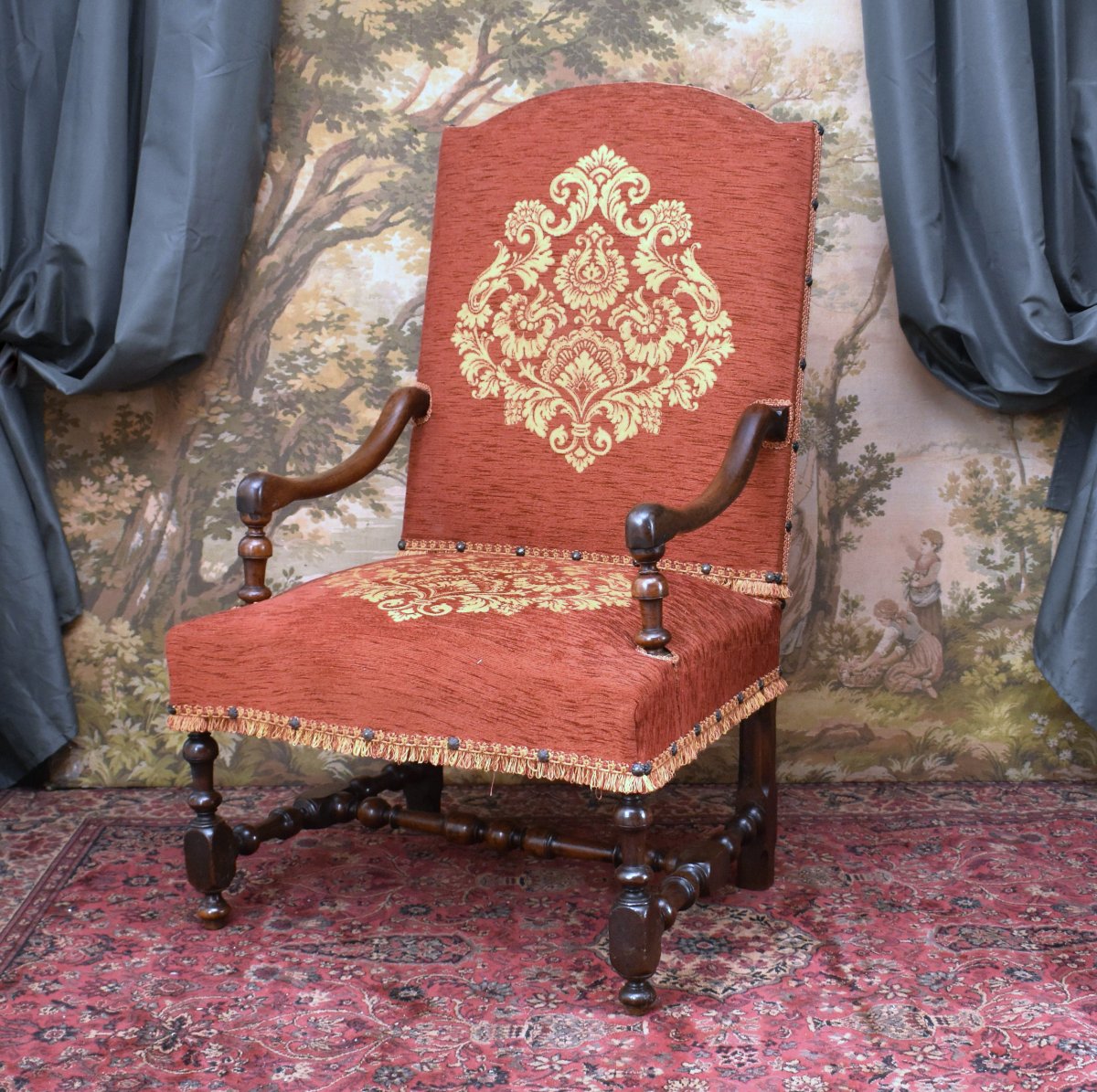 Large Louis XIII–louis XIV Armchair With A High, Flat Backrest And Baluster Legs, Early 18th Century