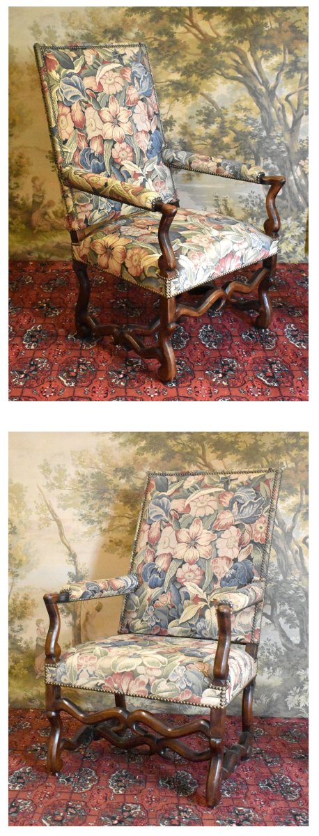Pair Of Large Louis XIII And Louis XIV-style Armchairs In Sheepskin, With High, Flat Backrests -photo-3