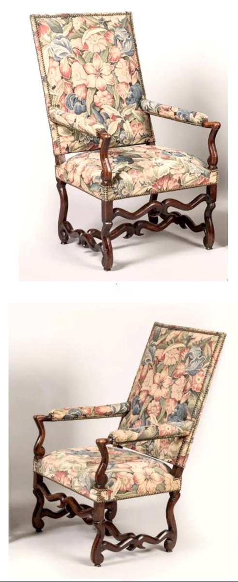 Pair Of Large Louis XIII And Louis XIV-style Armchairs In Sheepskin, With High, Flat Backrests -photo-1