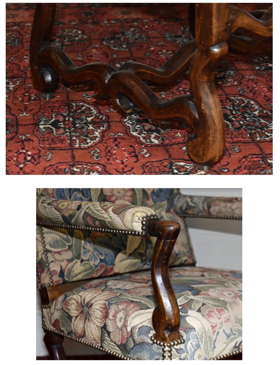 Pair Of Large Louis XIII And Louis XIV-style Armchairs In Sheepskin, With High, Flat Backrests -photo-4