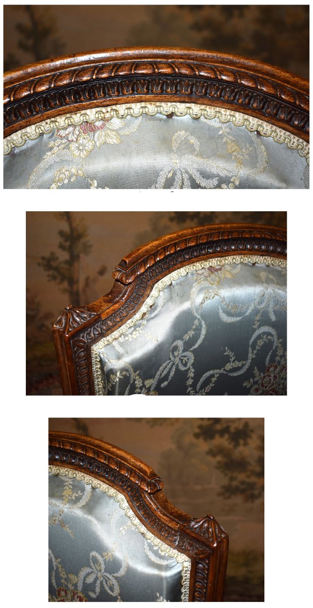Bergère époque  Louis XVI , XVIIIème, Décor De Rais De Cœur, Piastres Et Pieds Fuseaux Cannelés-photo-1