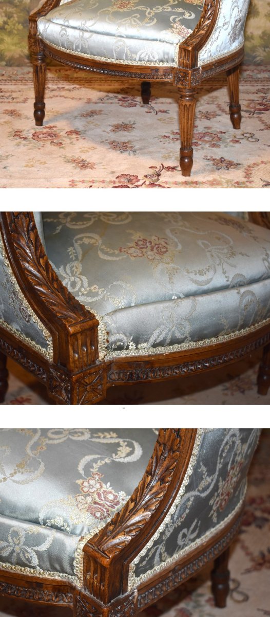 Bergère époque  Louis XVI , XVIIIème, Décor De Rais De Cœur, Piastres Et Pieds Fuseaux Cannelés-photo-2