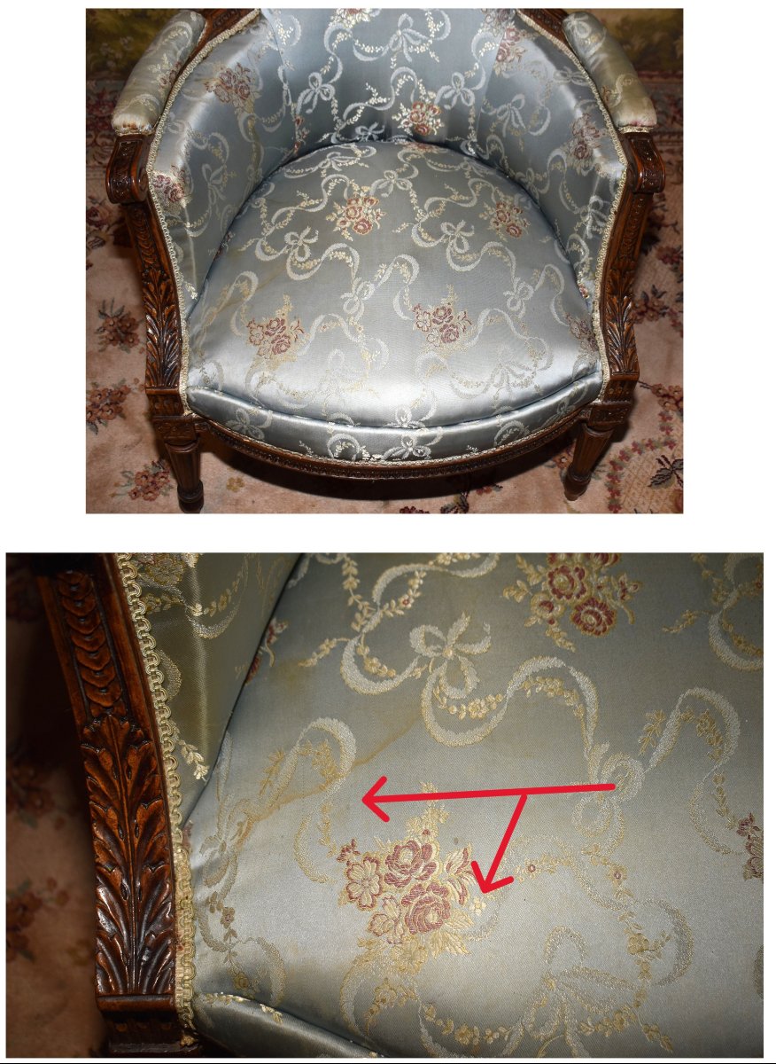 Bergère époque  Louis XVI , XVIIIème, Décor De Rais De Cœur, Piastres Et Pieds Fuseaux Cannelés-photo-5