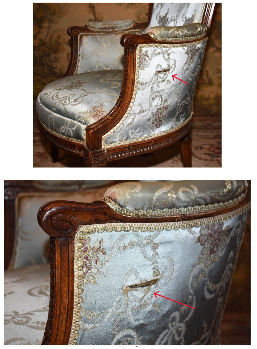 Bergère époque  Louis XVI , XVIIIème, Décor De Rais De Cœur, Piastres Et Pieds Fuseaux Cannelés-photo-6