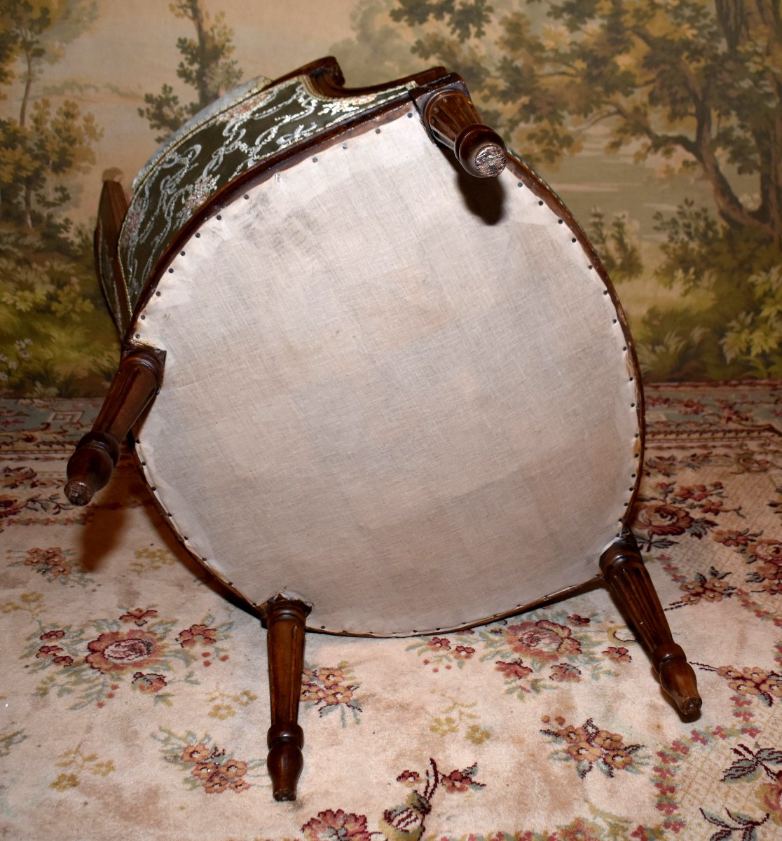 Bergère époque  Louis XVI , XVIIIème, Décor De Rais De Cœur, Piastres Et Pieds Fuseaux Cannelés-photo-8