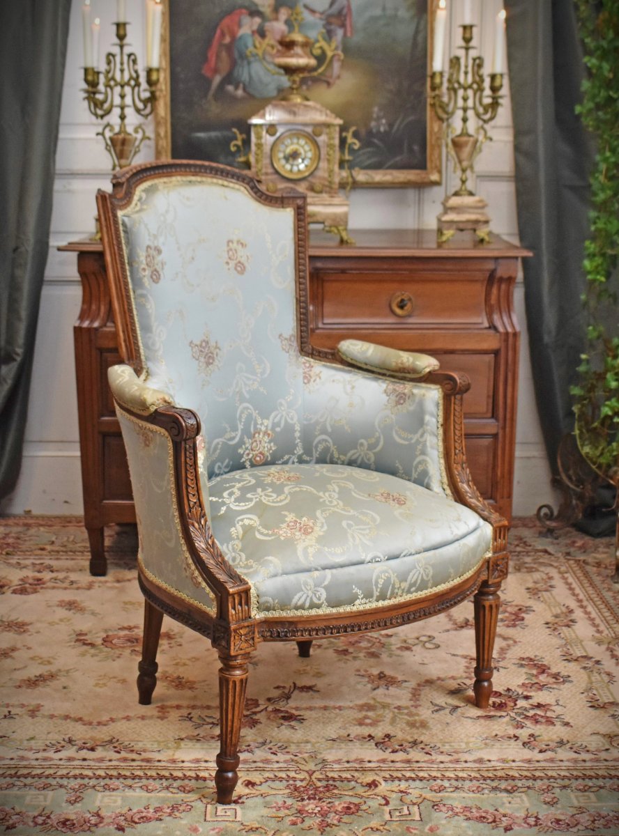 Bergère époque  Louis XVI , XVIIIème, Décor De Rais De Cœur, Piastres Et Pieds Fuseaux Cannelés