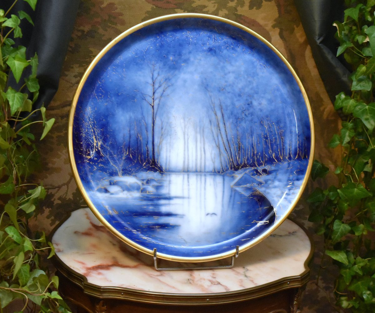 Desgropes Limoges, Large Decorative Porcelain Plate With A Lakeside Design In Shades Of Blue And Gold -photo-2