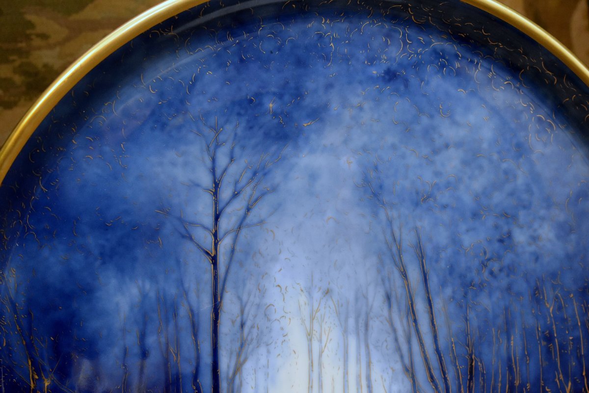 Desgropes Limoges, Large Decorative Porcelain Plate With A Lakeside Design In Shades Of Blue And Gold -photo-2