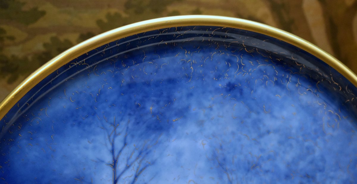 Desgropes Limoges, Large Decorative Porcelain Plate With A Lakeside Design In Shades Of Blue And Gold -photo-3