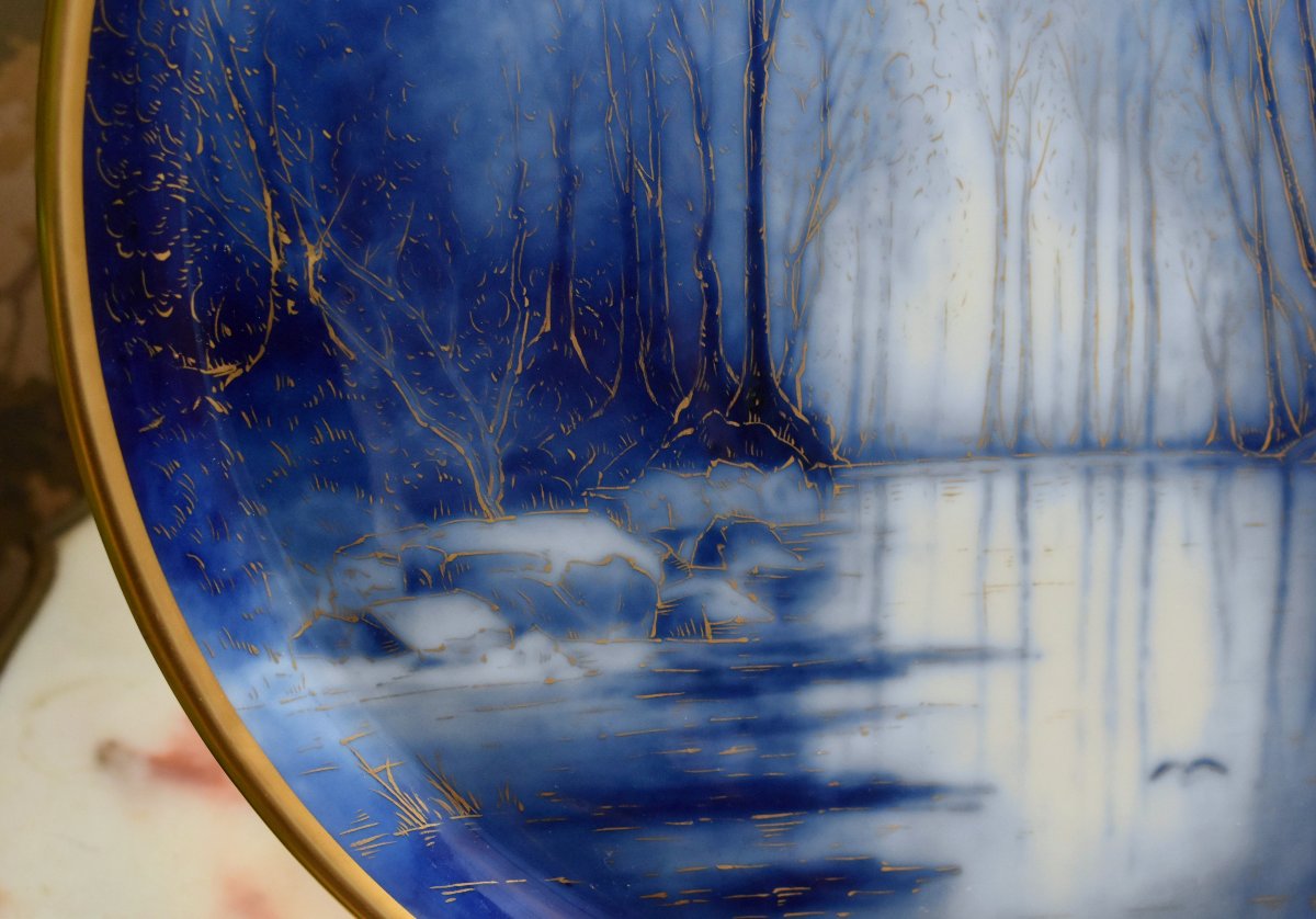 Desgropes Limoges, Large Decorative Porcelain Plate With A Lakeside Design In Shades Of Blue And Gold -photo-4