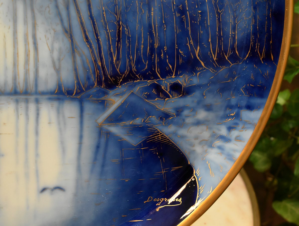 Desgropes Limoges, Large Decorative Porcelain Plate With A Lakeside Design In Shades Of Blue And Gold -photo-5