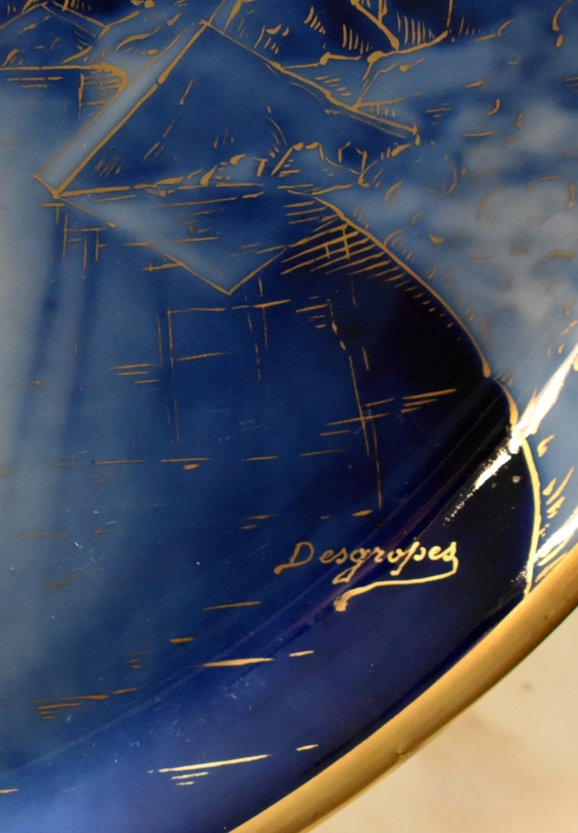 Desgropes Limoges, Large Decorative Porcelain Plate With A Lakeside Design In Shades Of Blue And Gold -photo-6