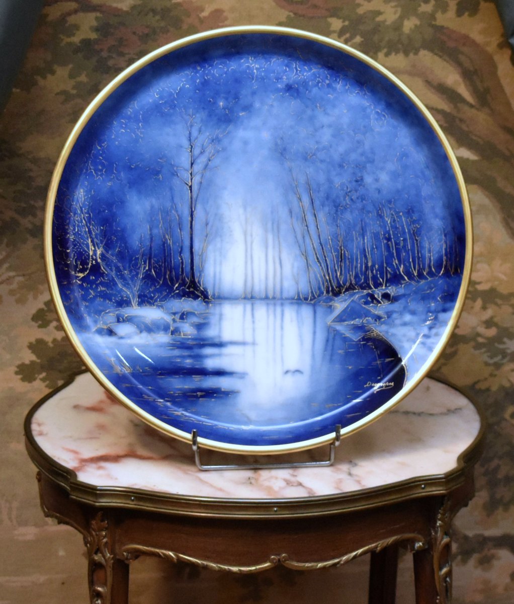 Desgropes Limoges, Large Decorative Porcelain Plate With A Lakeside Design In Shades Of Blue And Gold 