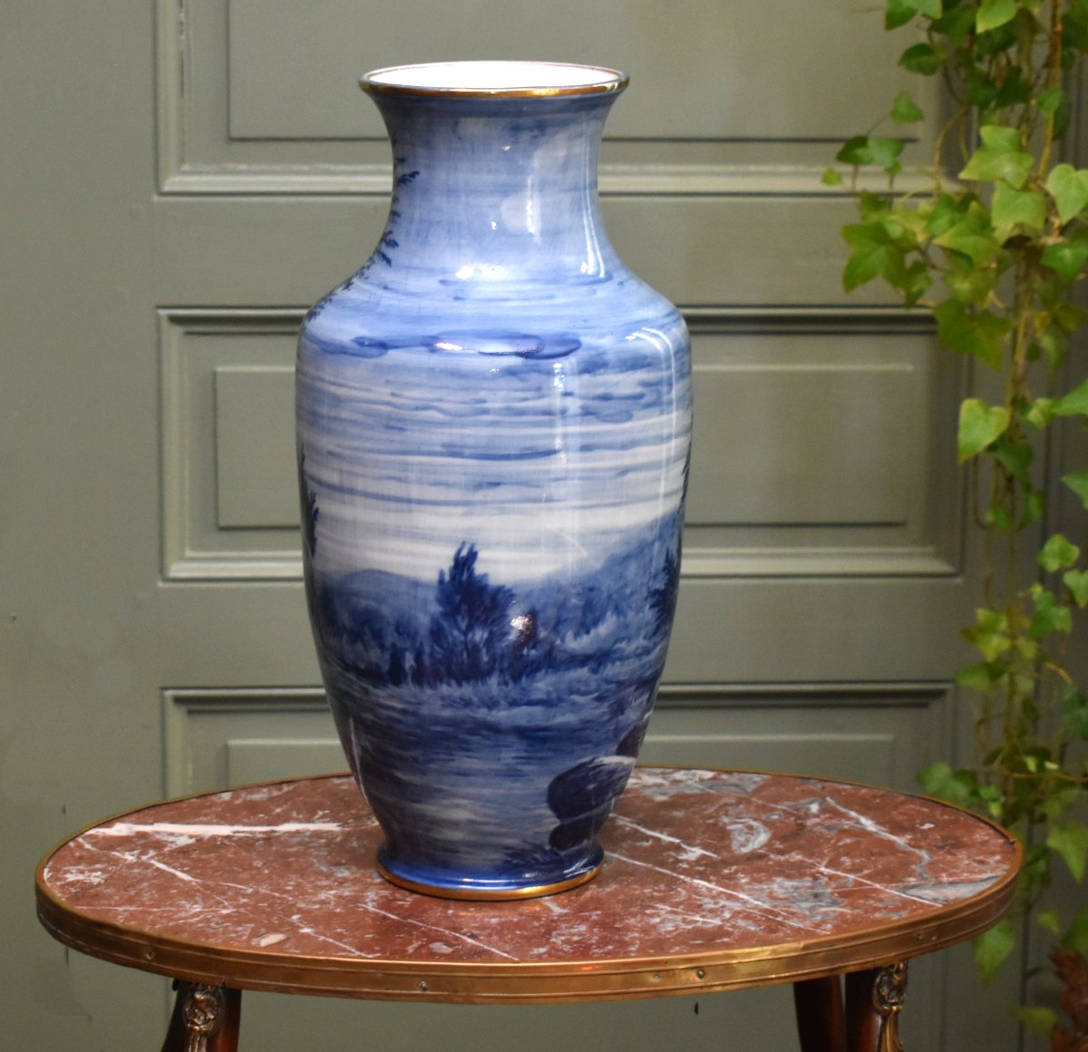 Large Limoges Porcelain Vase, Hand-painted Rotating Landscape Design In Shades Of Blue-photo-3