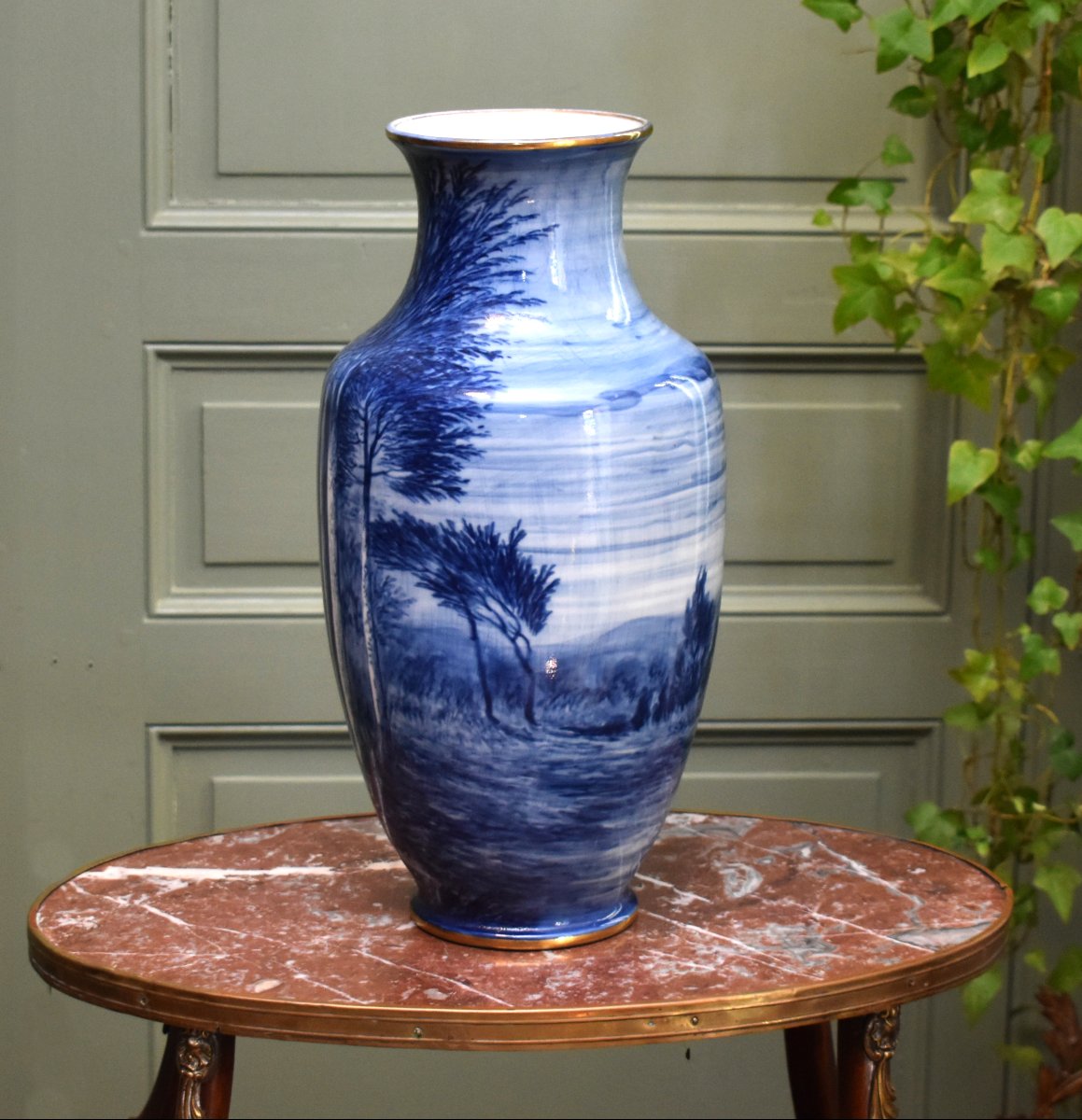 Large Limoges Porcelain Vase, Hand-painted Rotating Landscape Design In Shades Of Blue-photo-4