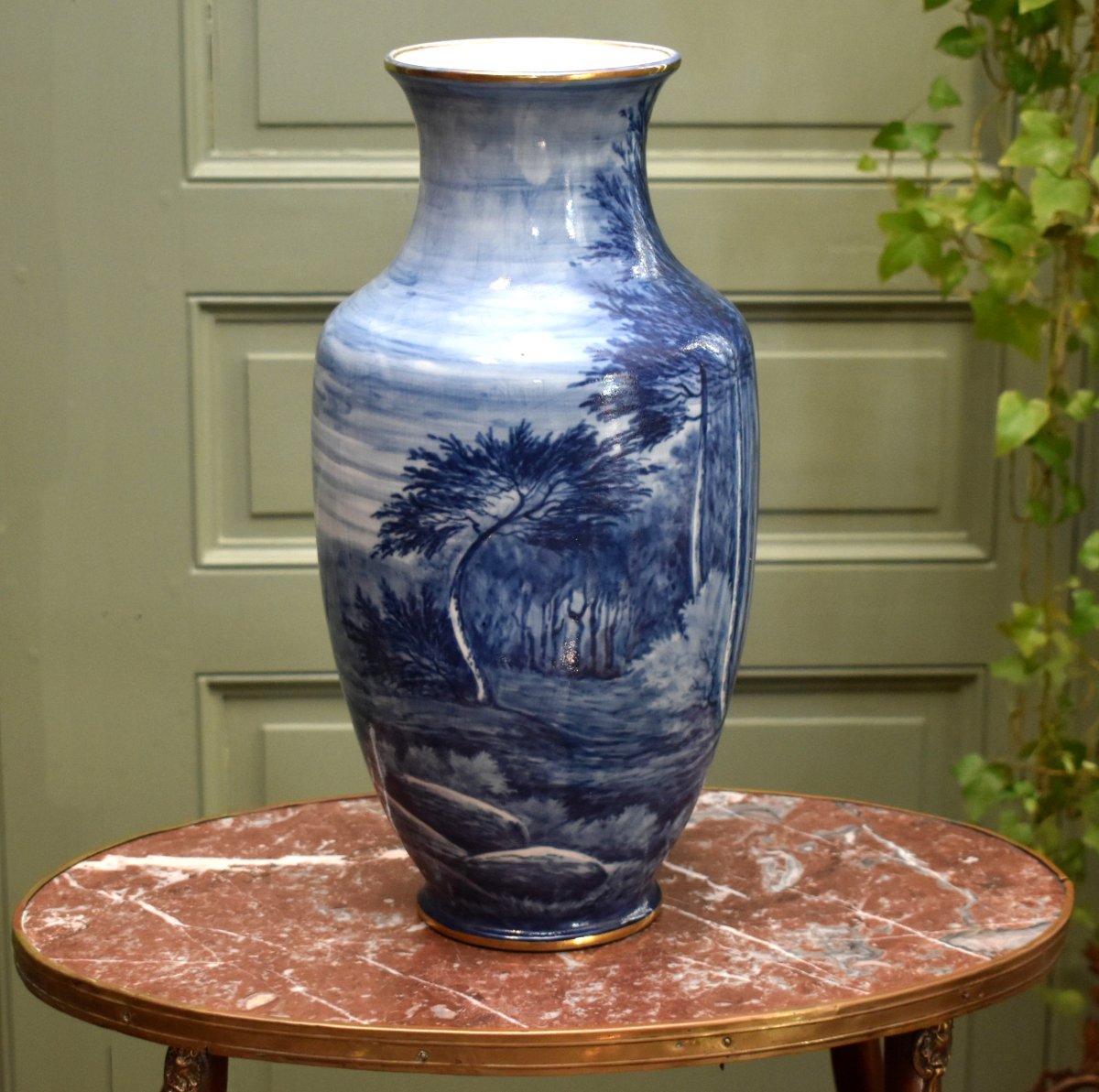 Large Limoges Porcelain Vase, Hand-painted Rotating Landscape Design In Shades Of Blue-photo-1
