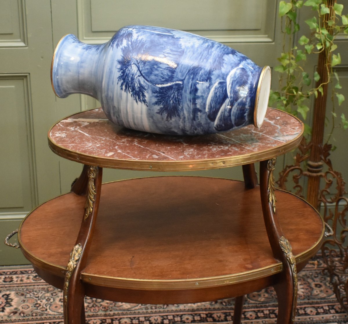 Large Limoges Porcelain Vase, Hand-painted Rotating Landscape Design In Shades Of Blue-photo-2