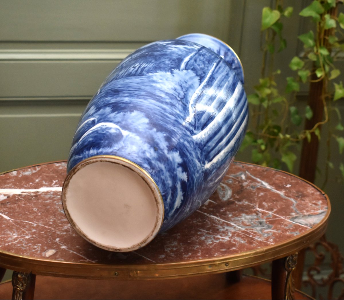 Large Limoges Porcelain Vase, Hand-painted Rotating Landscape Design In Shades Of Blue-photo-4