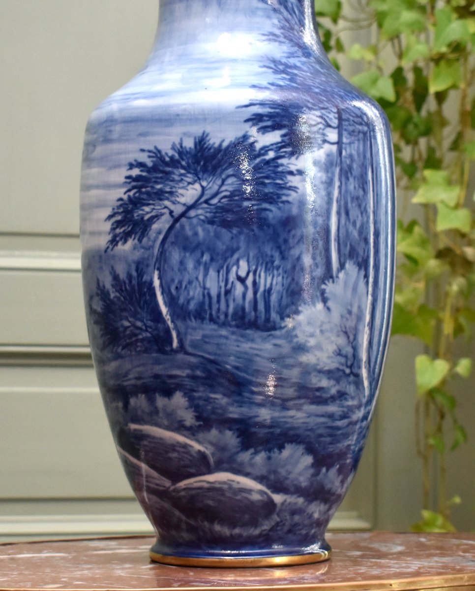 Large Limoges Porcelain Vase, Hand-painted Rotating Landscape Design In Shades Of Blue-photo-5