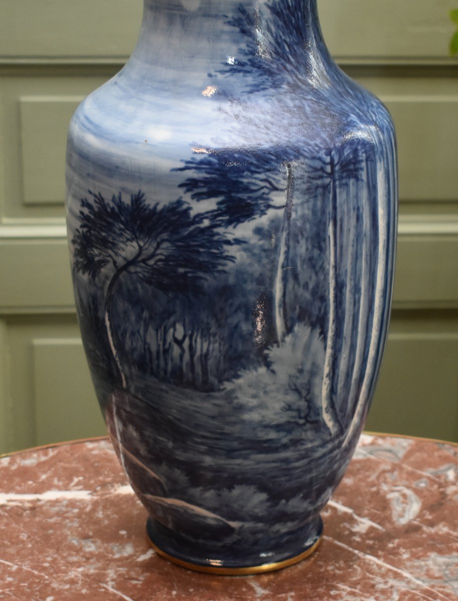 Large Limoges Porcelain Vase, Hand-painted Rotating Landscape Design In Shades Of Blue-photo-8