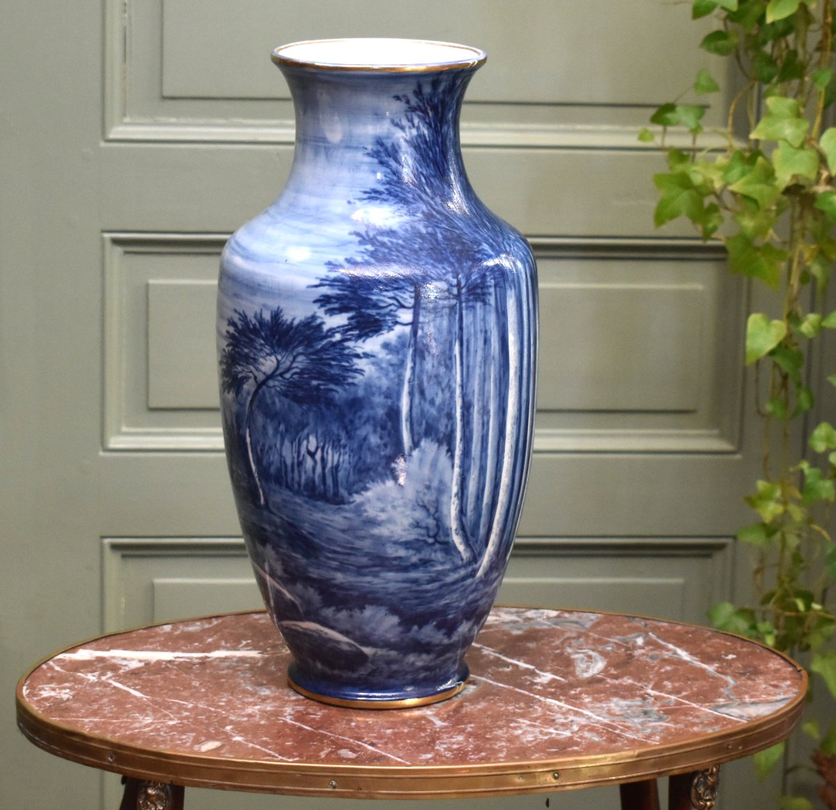 Large Limoges Porcelain Vase, Hand-painted Rotating Landscape Design In Shades Of Blue
