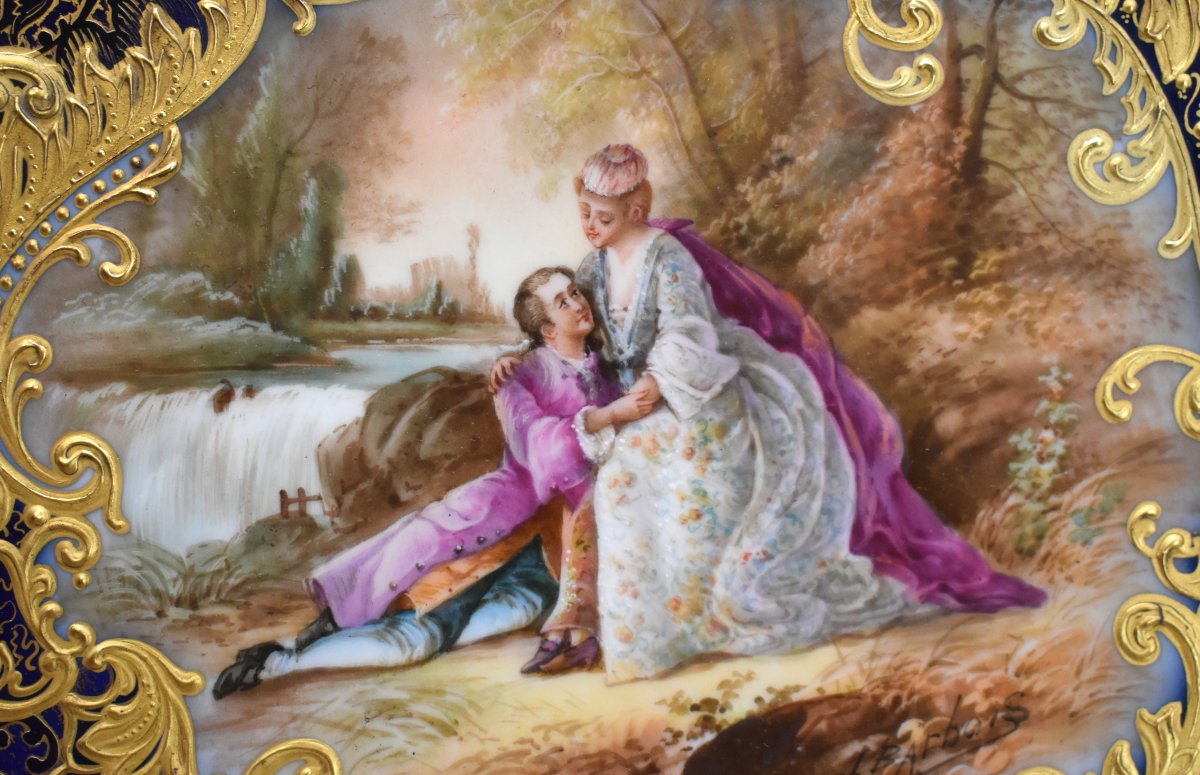 Ch. Barbois. Limoges Porcelain Plate Decorated With A Romantic Scene, Featuring Kiln Blue And Gold Leaf.-photo-1