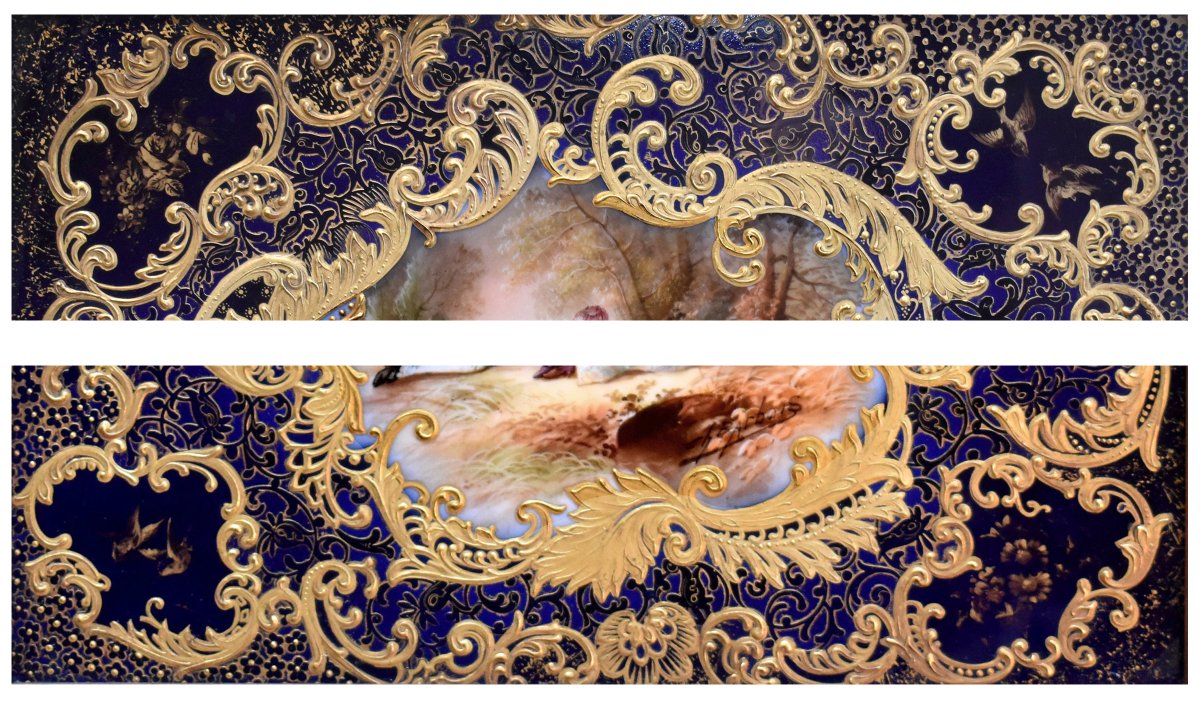 Ch. Barbois. Limoges Porcelain Plate Decorated With A Romantic Scene, Featuring Kiln Blue And Gold Leaf.-photo-2