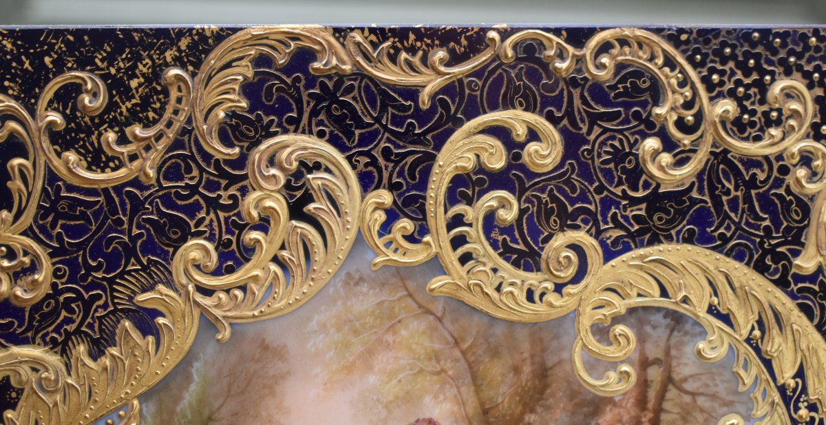 Ch. Barbois. Limoges Porcelain Plate Decorated With A Romantic Scene, Featuring Kiln Blue And Gold Leaf.-photo-4