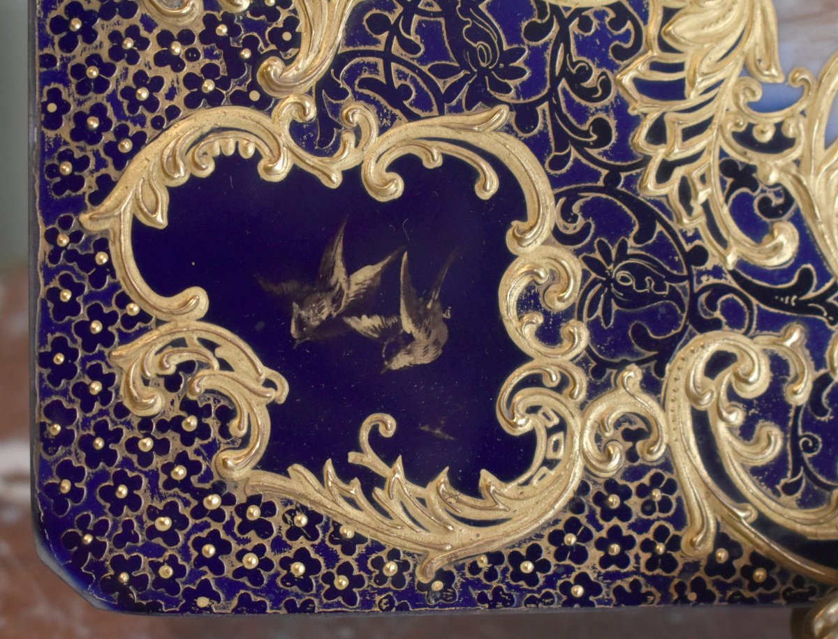 Ch. Barbois. Limoges Porcelain Plate Decorated With A Romantic Scene, Featuring Kiln Blue And Gold Leaf.-photo-7