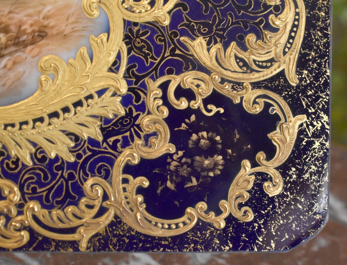 Ch. Barbois. Limoges Porcelain Plate Decorated With A Romantic Scene, Featuring Kiln Blue And Gold Leaf.-photo-8