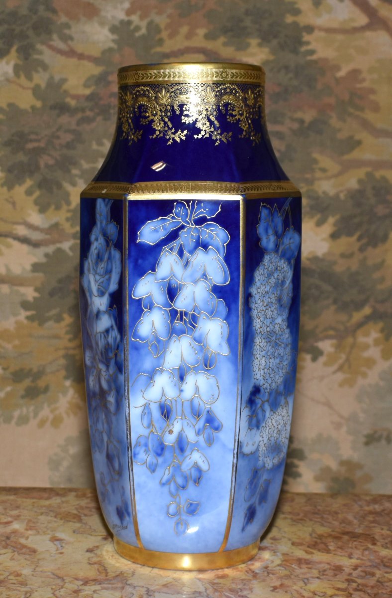 Limoges Porcelain Vase By P. Pastaud, In Shades Of Blue, With Gold Inlay On A Blue Fired Finish -photo-2