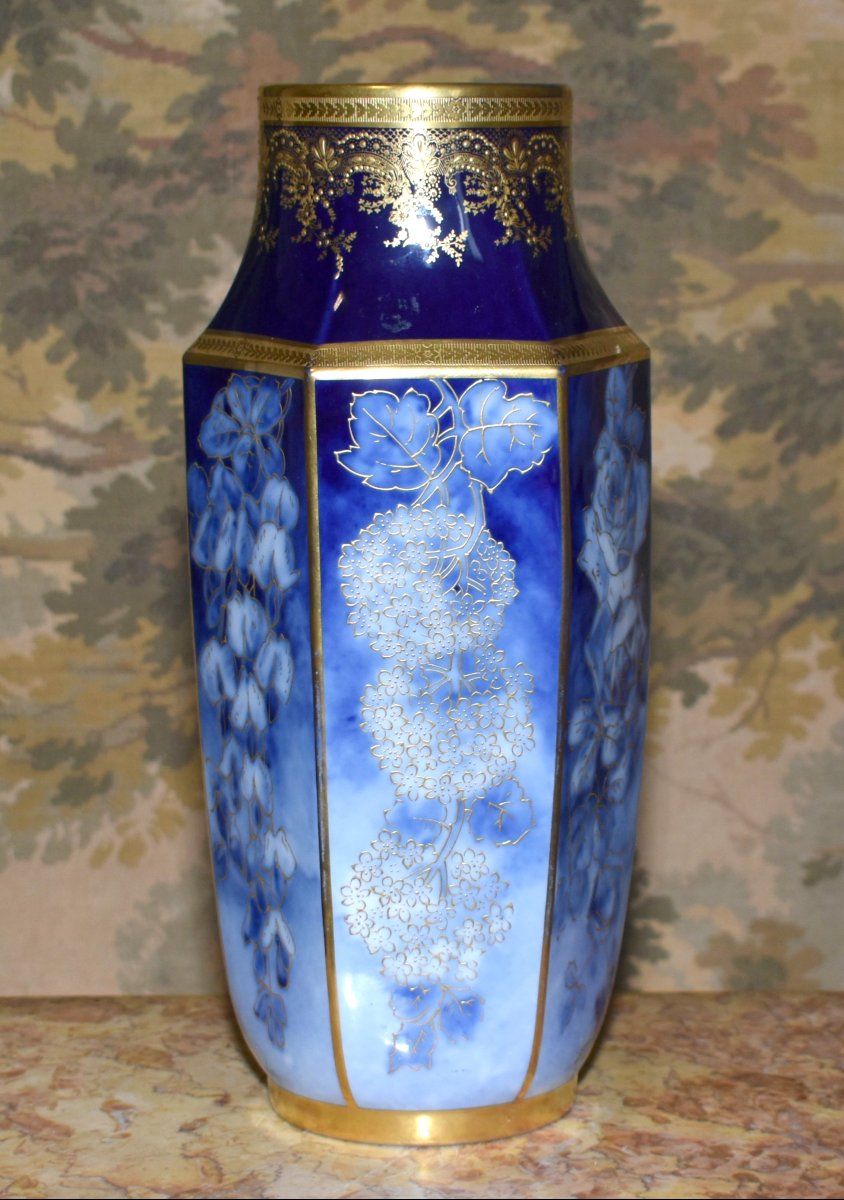 Limoges Porcelain Vase By P. Pastaud, In Shades Of Blue, With Gold Inlay On A Blue Fired Finish -photo-4