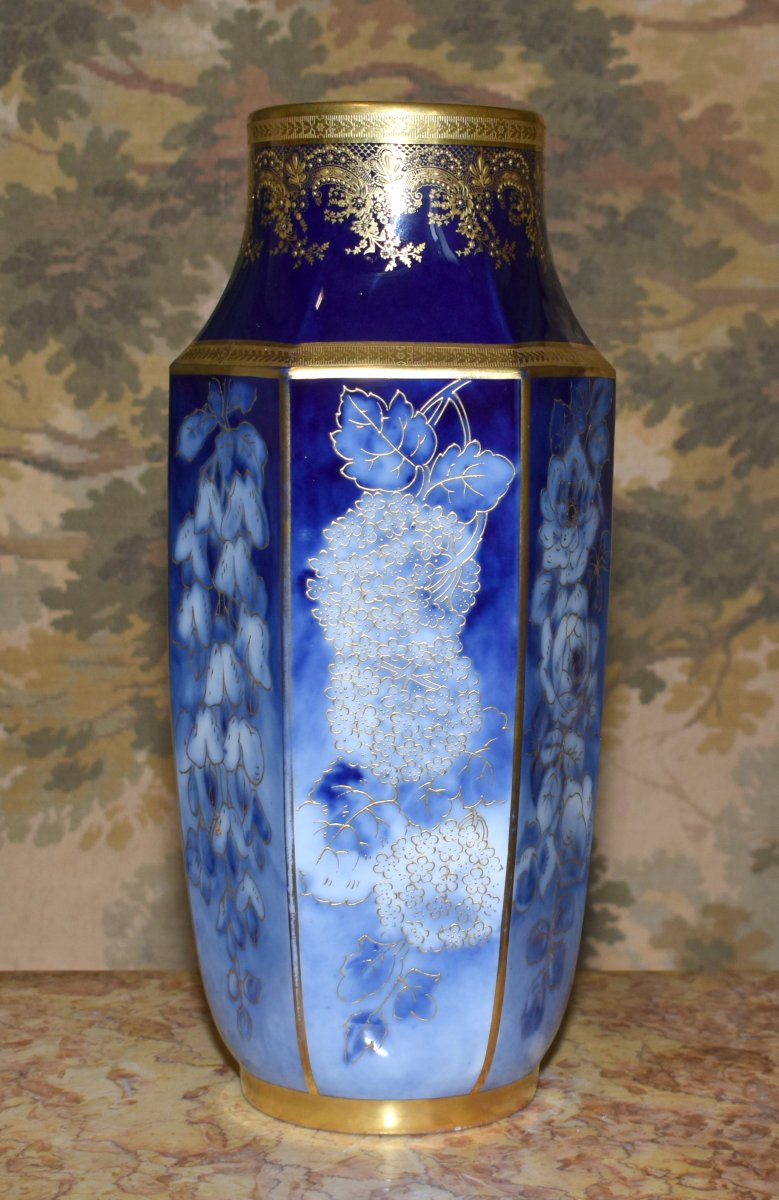 Limoges Porcelain Vase By P. Pastaud, In Shades Of Blue, With Gold Inlay On A Blue Fired Finish -photo-1