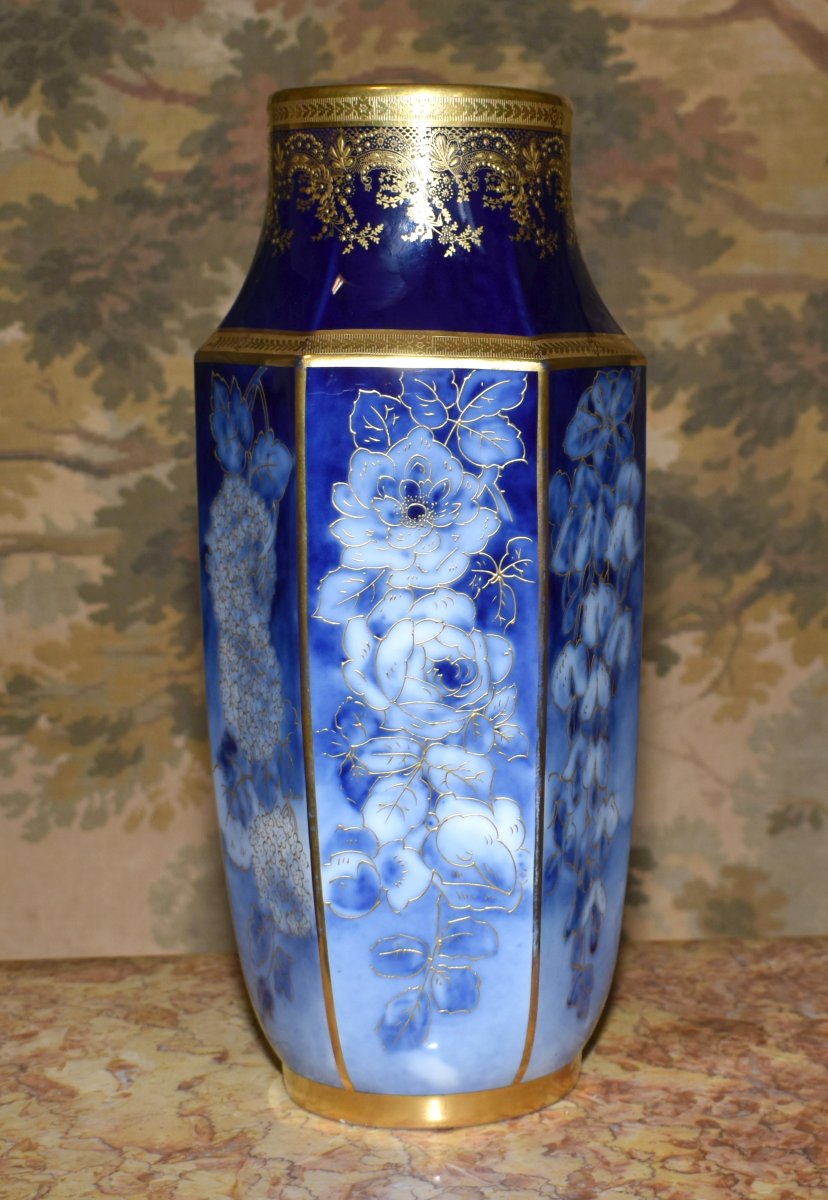 Limoges Porcelain Vase By P. Pastaud, In Shades Of Blue, With Gold Inlay On A Blue Fired Finish -photo-2